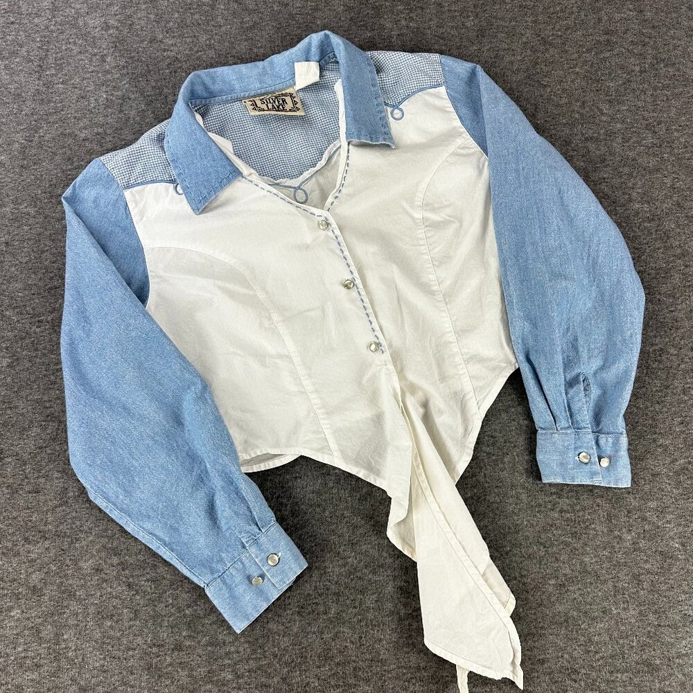 Vtg Wrangler Silver Lake Tie Front Shirt Womens Large White Pearl Button Rodeo